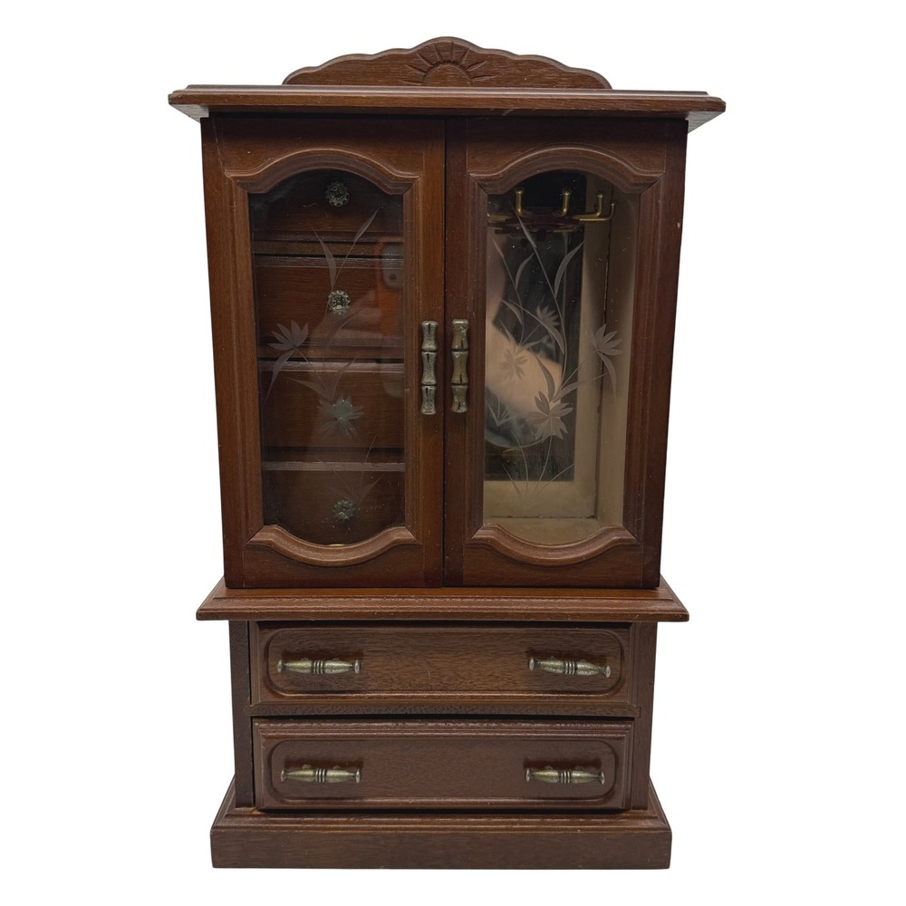 VTG Wooden Jewelry Armoire Cabinet Etched Glass Doors 90s country cozy
